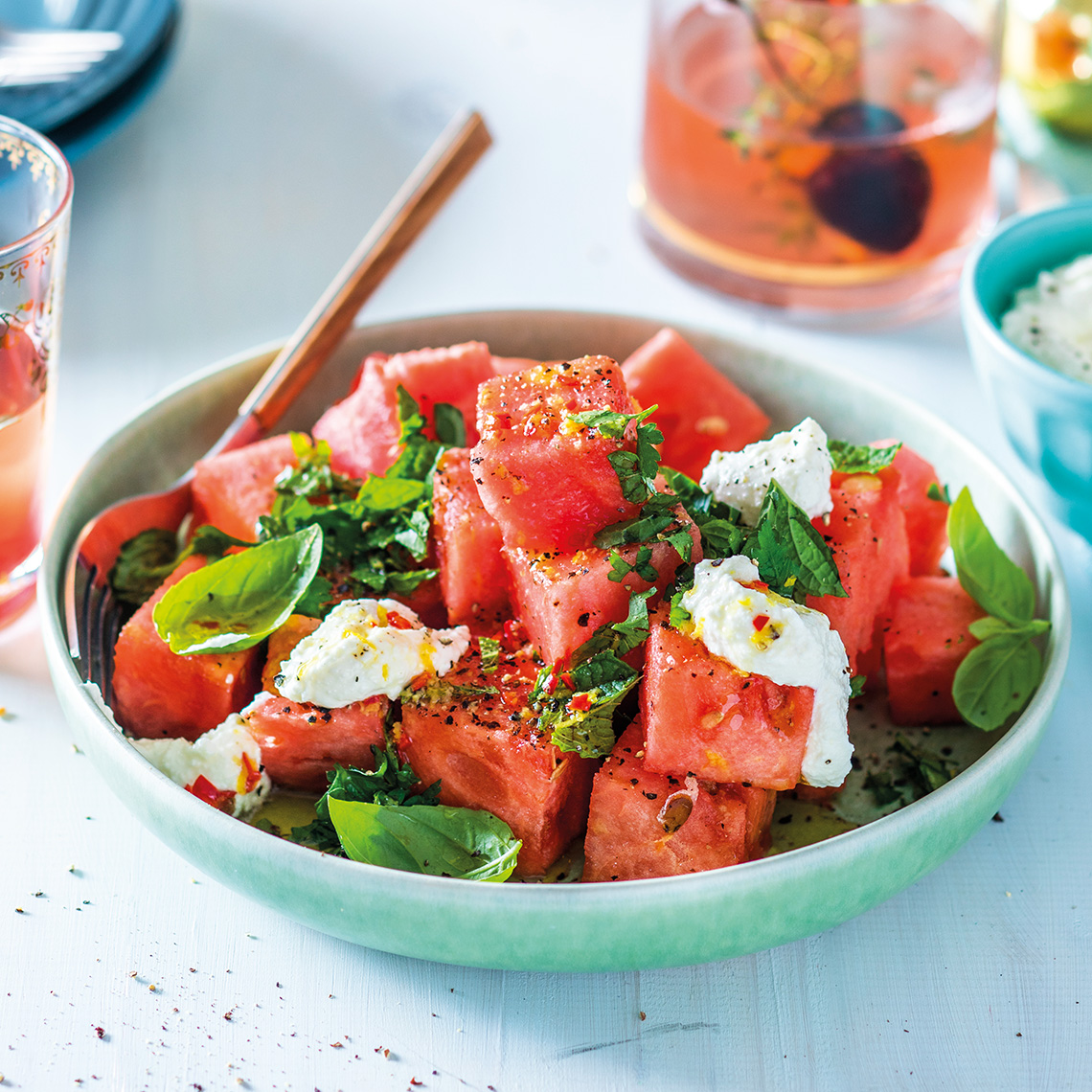 Herby watermelon skewers with whipped feta