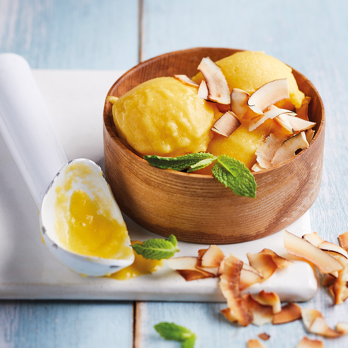 Tropical fruit sorbet with toasted coconut